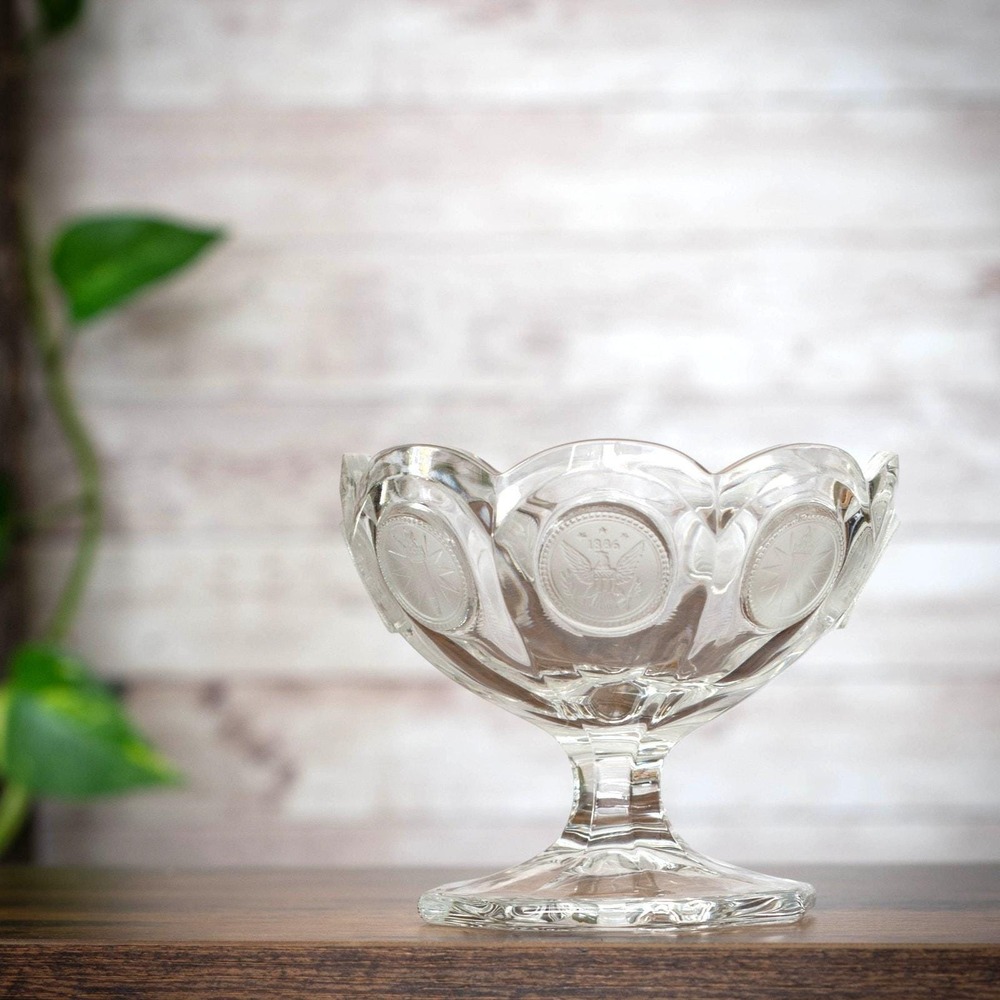 Glows! Vintage Fostoria Clear Coin Glass Footed Compote: UV Reactive